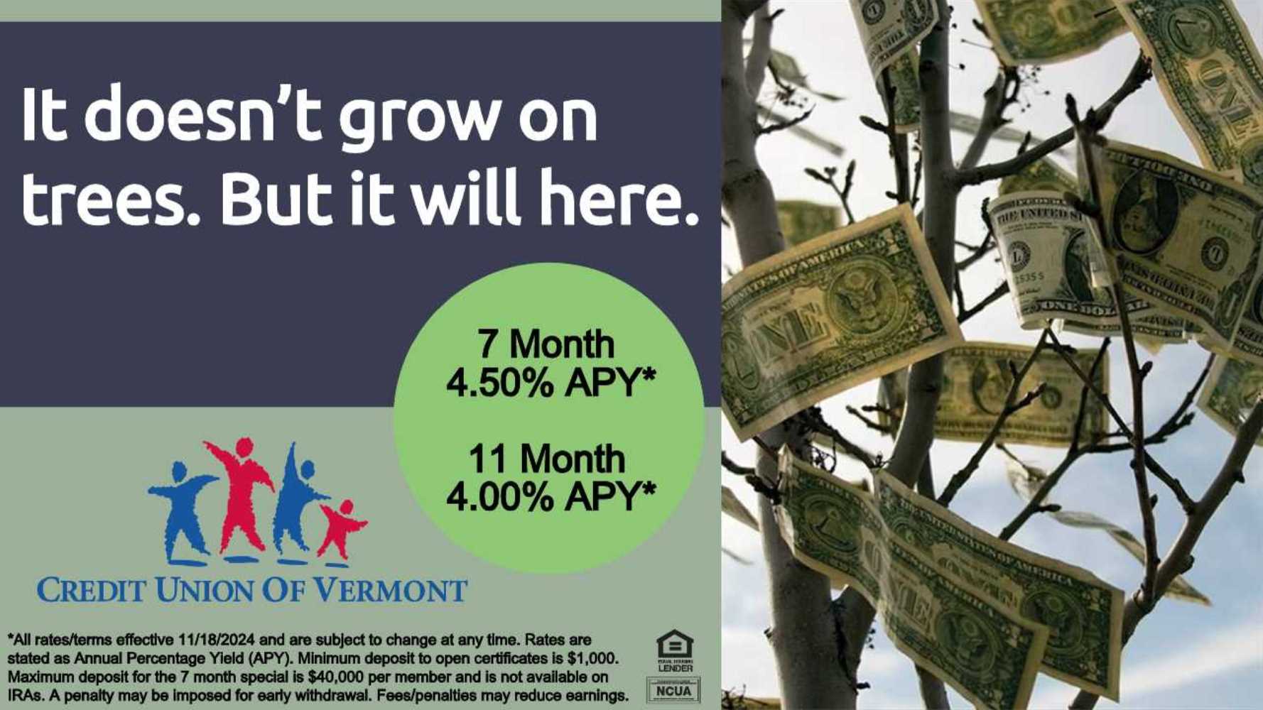 It doesn't grow on trees. But it will here.
7 Month: 4.50% APY*
11 Month: 4.00% APY*
*All rates/terms effective 11/18/2024 and are subject to change at any time. Rates are stated as Annual Percentage Yield (APY). Minimum deposit to open certificates is $1,000.
Maximum deposit for the 7 month special is $40,000 per member and is not available on IRAs. A penalty may be imposed for early withdrawal. Fees/penalties may reduce earnings.